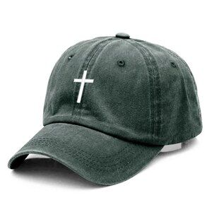 Green Cross Embroidered Christian Baseball Cap,‎ Washed, Adjustable Hat, Jesus